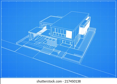 Dibujo plano del modelo de alambre en casa 3D - Ilustración del vector