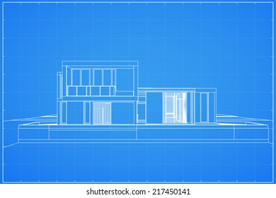 Wireframe blueprint drawing of 3D house - Vector illustration