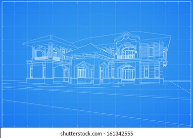 Wireframe blueprint drawing of classic house - Vector illustration