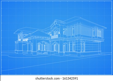 Wireframe blueprint drawing of classic house - Vector illustration