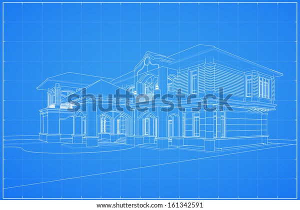 Wireframe Blueprint Drawing Classic House Vector Stock Vector (Royalty ...