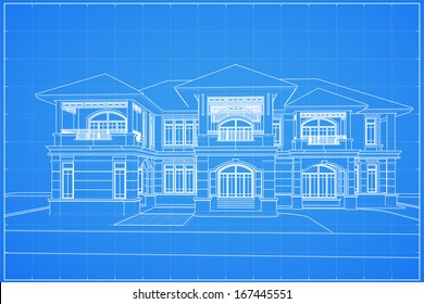 Wireframe Blueprint Drawing Classical House Vector Stock Vector ...