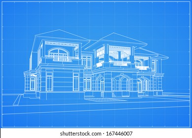 Wireframe Blueprint Drawing Of Classical House - Vector Illustration