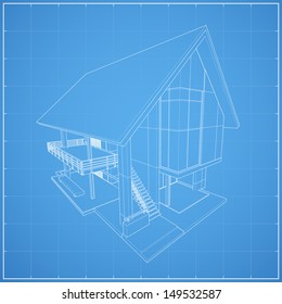 Wireframe blueprint drawing of minimal house - Vector illustration