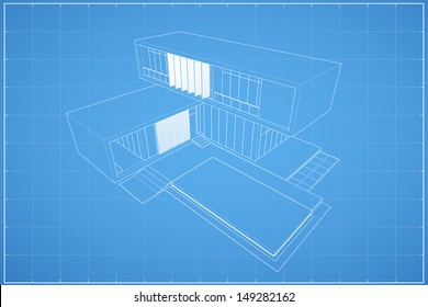 Wireframe blueprint drawing of modern house- Vector illustration