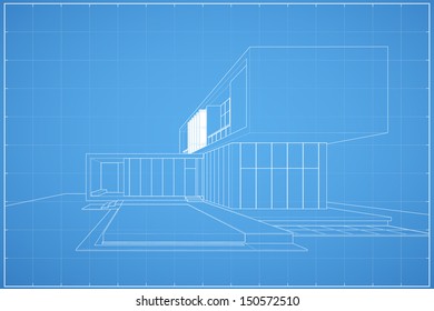 Wireframe blueprint drawing of modern house- Vector illustration