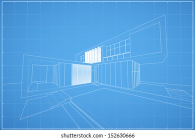 Wireframe blueprint drawing of modern house - Vector illustration