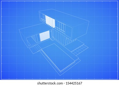 Wireframe blueprint drawing of modern house - Vector illustration