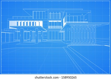 Wireframe blueprint drawing of modern house - Vector illustration