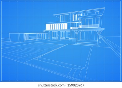 Wireframe blueprint drawing of modern house - Vector illustration