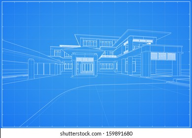 Wireframe blueprint drawing of modern house - Vector illustration