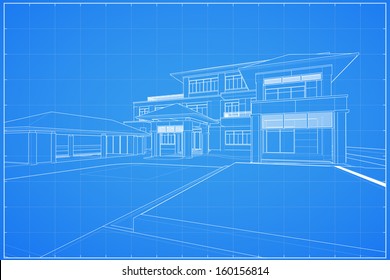 Wireframe blueprint drawing of modern house - Vector illustration