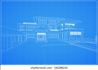 Wireframe blueprint drawing of modern house - Vector illustration