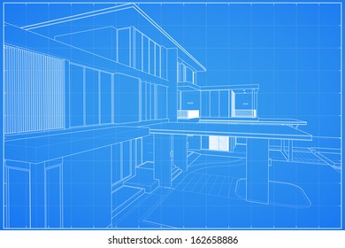 Wireframe blueprint drawing of modern house - Vector illustration