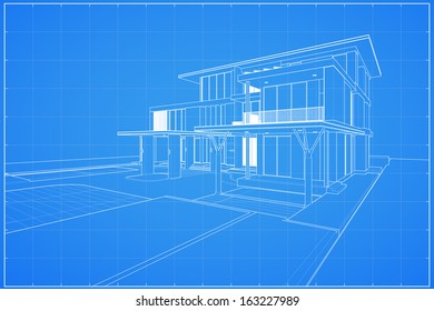 Wireframe blueprint drawing of modern house - Vector illustration