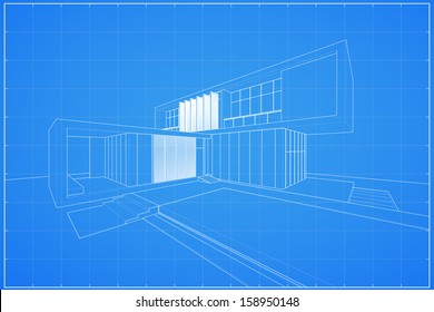Wireframe blueprint drawing of tropical modern house - Vector illustration