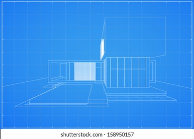 Wireframe blueprint drawing of tropical modern house - Vector illustration