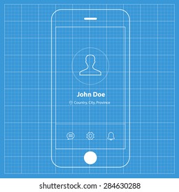 Wireframe Blueprint Mobile App UI Kit Profile Screen.