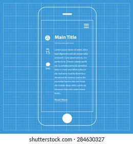 Wireframe Blueprint Mobile App UI Kit Blog Post Screen.