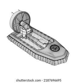 Wireframe of the boat on a pillow with a propeller from black lines isolated on a white background. Isometric view. 3D. Vector illustration.