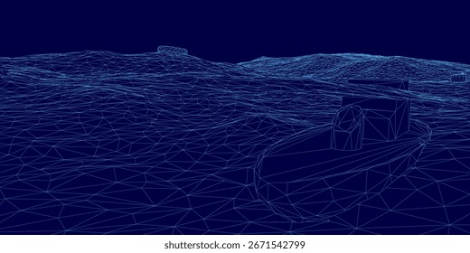 A wireframe boat sails across a low poly sea with intricate blue lines on a dark background. The minimalist vector illustration features geometric waves and a clean, modern design.