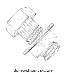 Wireframe bolt with thread and nut from black lines on a white background. 3D. Vector illustration