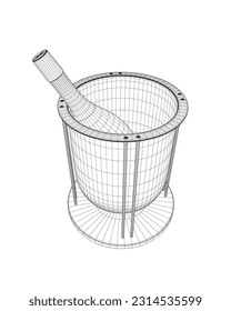 Wireframe Flasche Champagner im Speiseeis mit Eis. Vektorgrafik einzeln auf weißem Hintergrund. Feiertagsfeier. Flasche Champagner Eimer. Monochrom-Stil einzeln auf weißem Hintergrund. 3D.