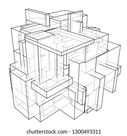 Wireframe Boxes. Sketch style. 3D Rendering Vector Illustration EPS10