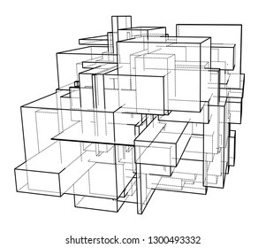 Wireframe Boxes. Sketch style. 3D Rendering Vector Illustration EPS10