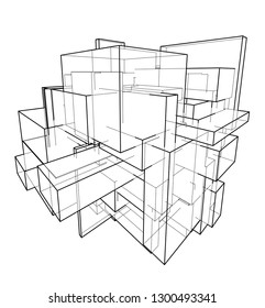 Wireframe Boxes. Sketch style. 3D Rendering Vector Illustration EPS10