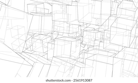 Wireframe Boxes. Sketch style. 3D Rendering Vector. 3D Illustration