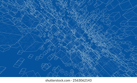 Wireframe Boxes. Sketch style. 3D Rendering Vector. 3D Illustration