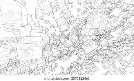 Wireframe Boxes. Sketch style. 3D Rendering Vector. 3D Illustration