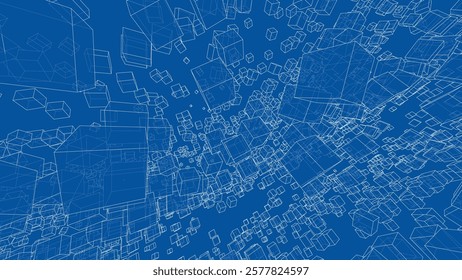 Wireframe Boxes. Sketch style. 3D Rendering Vector. 3D Illustration