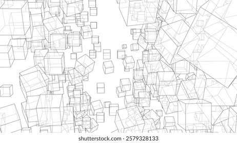 Wireframe Boxes. Sketch style. 3D Rendering Vector. 3D Illustration