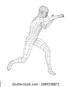 Wireframe boxing man. Vector 3d rendering. Man in boxing pose