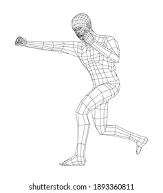 Wireframe boxing man. Vector 3d rendering. Man in boxing pose