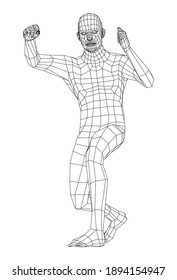 Wireframe boxing man. Vector 3d rendering. Man in boxing pose