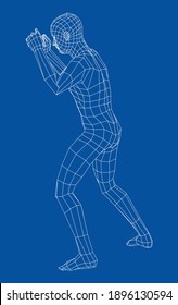 Wireframe boxing man. Vector 3d rendering. Man in boxing pose