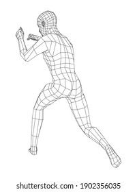 Wireframe boxing man. Vector 3d rendering. Man in boxing pose