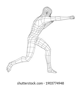 Wireframe boxing man. Vector 3d rendering. Man in boxing pose