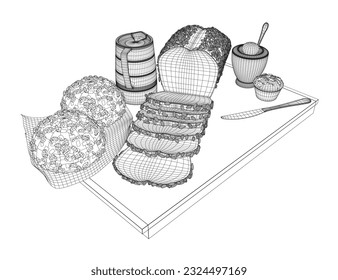 Dibujos de estilo desayuno con marco de alambre. Desayuno conjunto con vectores dibujado a mano. Salto de leche, cafetera, taza, jugo, sándwich. Panqueques, tostadas con mermelada para productos de mercado de diseño. 3 D.