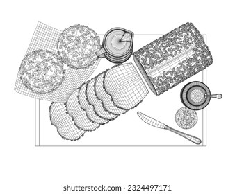Wireframe breakfast style drawings. Vector hand drawn set breakfast. Jug of milk, coffee pot, cup, juice, sandwich. Pancakes, toast with jam for design market product. 3D.