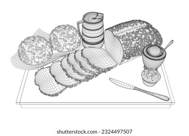 Wireframe breakfast style drawings. Vector hand drawn set breakfast. Jug of milk, coffee pot, cup, juice, sandwich. Pancakes, toast with jam for design market product. 3D.