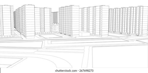 Wire-frame buildings. Vector illustration, 3d render. Construction concept