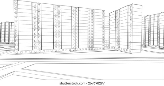 Wire-frame buildings. Vector illustration, 3d render. Conscturction concept