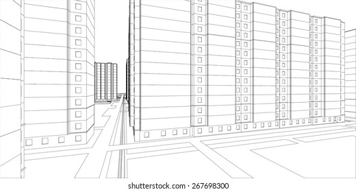 Wire-frame buildings. Vector illustration, 3d render. Conscturction concept
