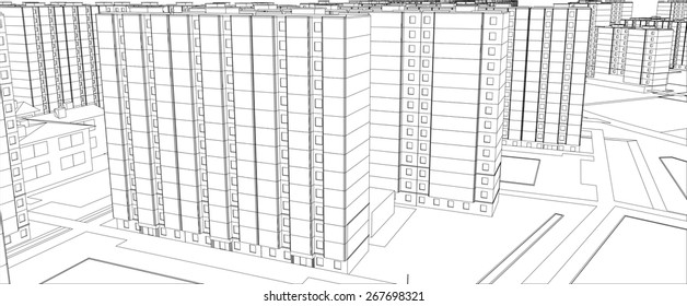 Wire-frame buildings. Vector illustration, 3d render. Construction concept