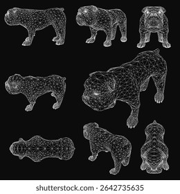 Wireframe bulldog composed of geometric shapes and lines, creating a detailed and stylized design on a sleek black background. The abstract canine features various polygon sizes, giving it a modern.