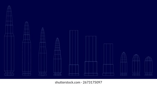Drahtgeschosse in verschiedenen Formen und Größen bilden einen Balkendiagramm auf tiefblauem Hintergrund, der verschiedene Munitionstypen darstellt. Die minimalistischen weißen Umrisse heben jede Kugel deutlich hervor.